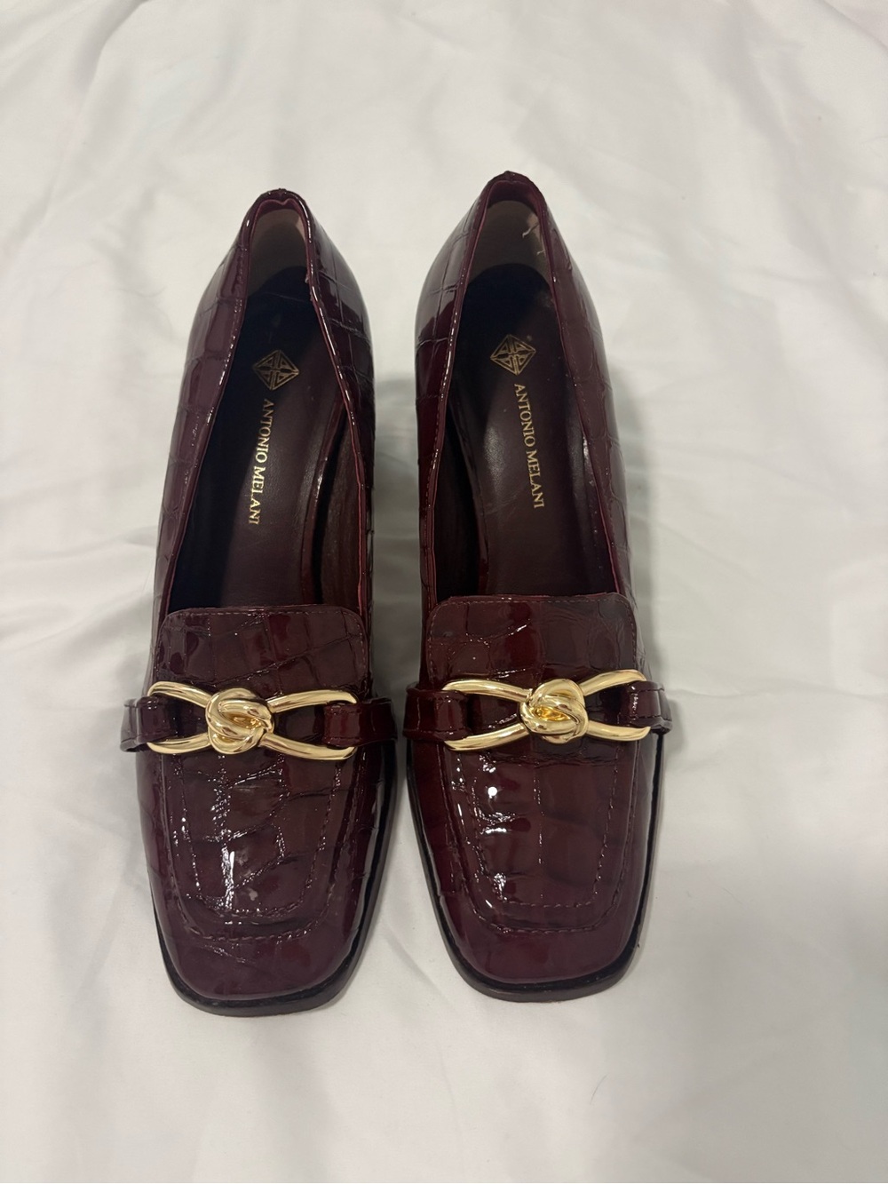 ANTONIO MELANI Women's Burgundy Patent Loafers with Gold Chain Accent